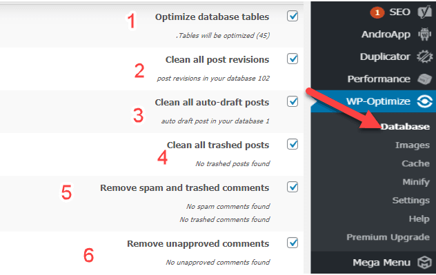 واجهة WP-Optimize لتنظيف قاعدة بيانات ووردبريس - تحسين أداء الموقع